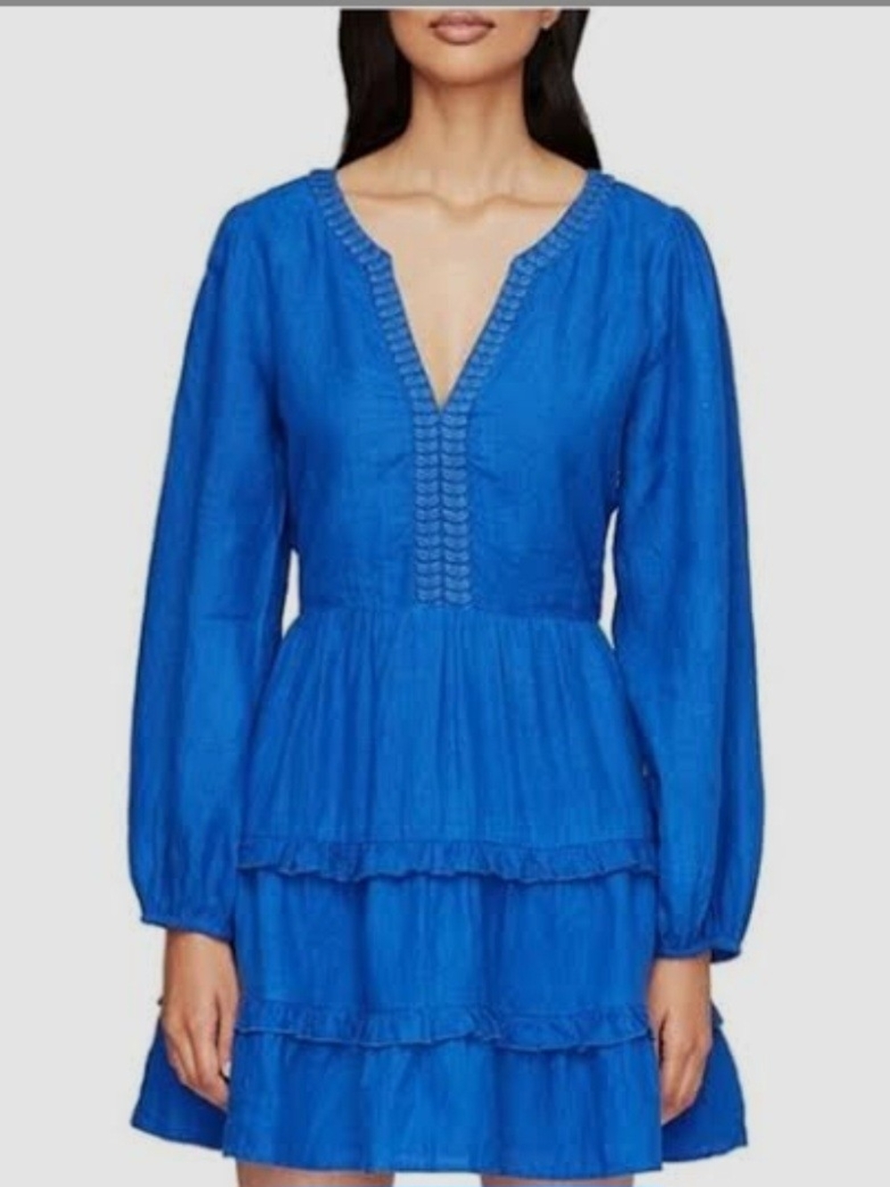 Roller Rabbit 100% Linen Blue V-Neck Tiered Long-Sleeve Women's Dress